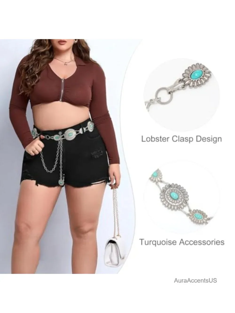 Western Concho Chain Belt Turquoise Metal Link with Lobster Claw Clasp for